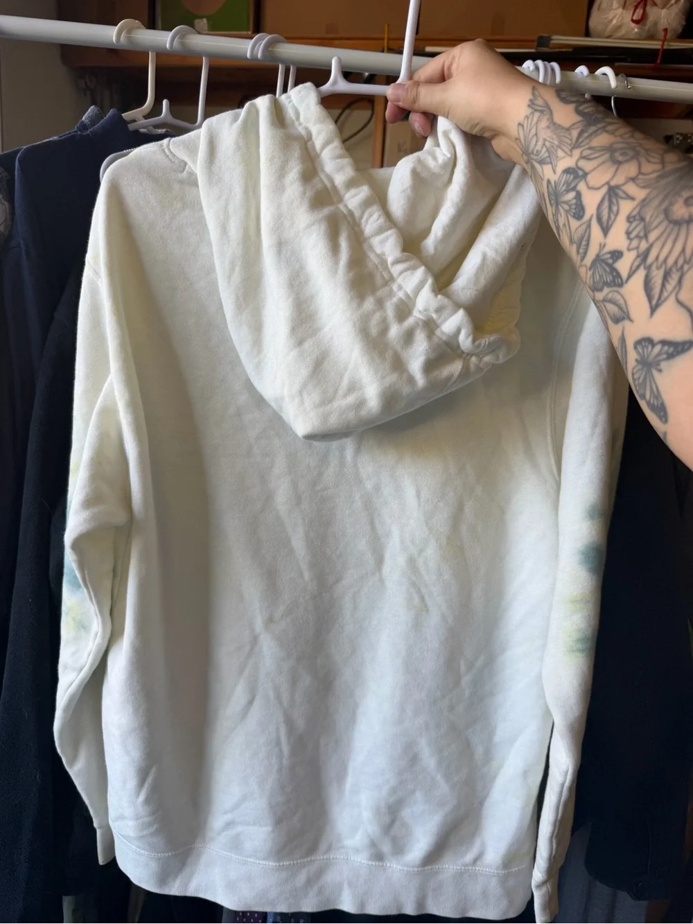 Santa Cruz Skateboards Cream Hoodie with Teal Tie-Dye Sleeves